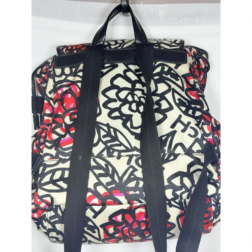 Coach Poppy Daisy Graffiti Backpack Floral Satin Black White Pink Travel Casual